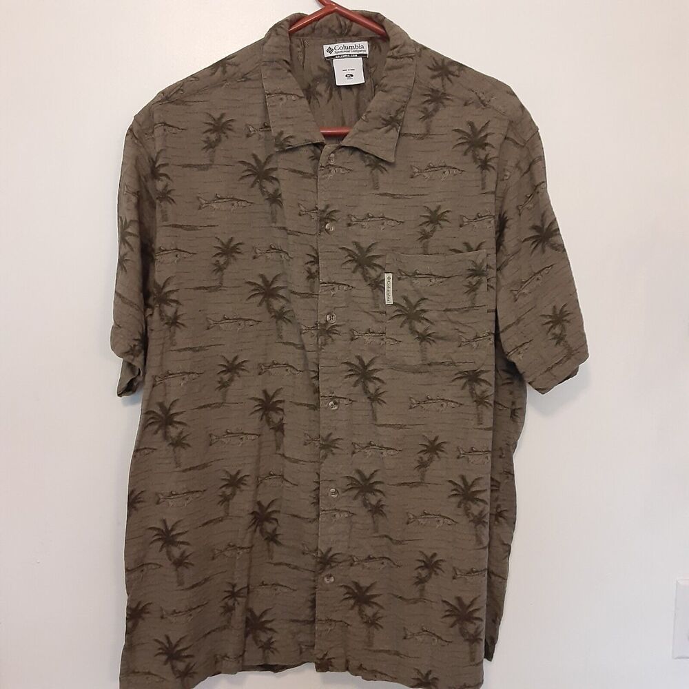 Columbia Short Sleeve Hawaiian Shirt Mens XL Green Snook Palm Trees Button Up